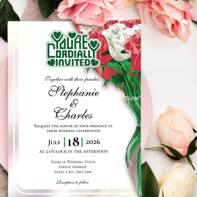 Convite de Casamento Rosa Vermelha - Letreiro Verd (Red and White roses in vase wedding invite design with green heading)