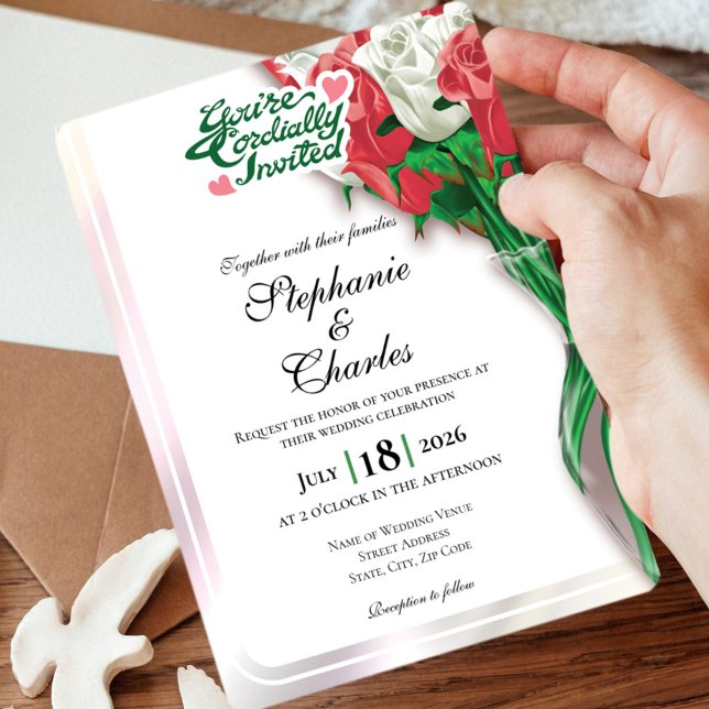 Convite de Casamento Rosa Vermelho - Letras Verdes (Criador carregado)