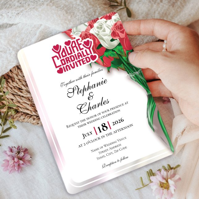 Convite de Casamento Rosa Vermelho - Letreiro Verm (Red and White roses in vase wedding invite design with red heading)