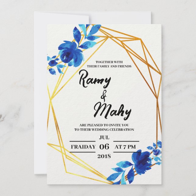 Convite de Casamento Rosas Azuis Alegres (Frente)
