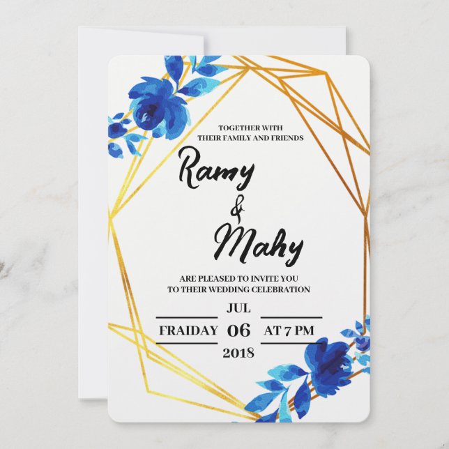 Convite de Casamento Rosas Azuis Alegres (Frente)