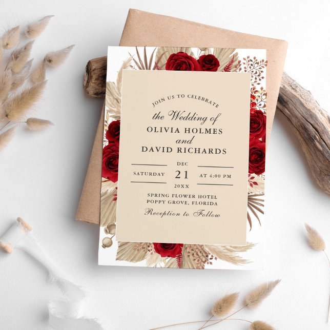Convite de Casamento Rosas Borgonha e Grama Pampas (Burgundy Roses and Pampas Grass Wedding Invitation on a white table sorrounded with dry palm leaves.)