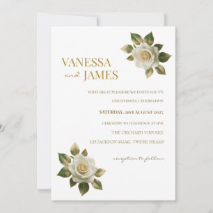 Convite de Casamento Rosas Brancas Folhas Douradas