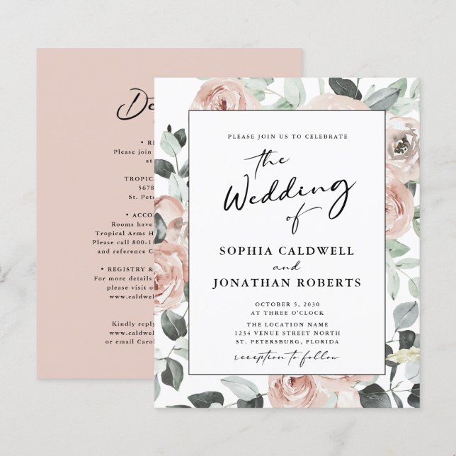 Convite de Casamento Rosas Caligráficas Orçamento  (Frente/Verso)