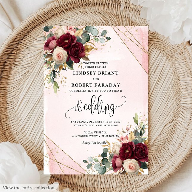 Convite de casamento rosas douradas bege merlot ch (Chic merlot blush gold roses wedding invitation

)