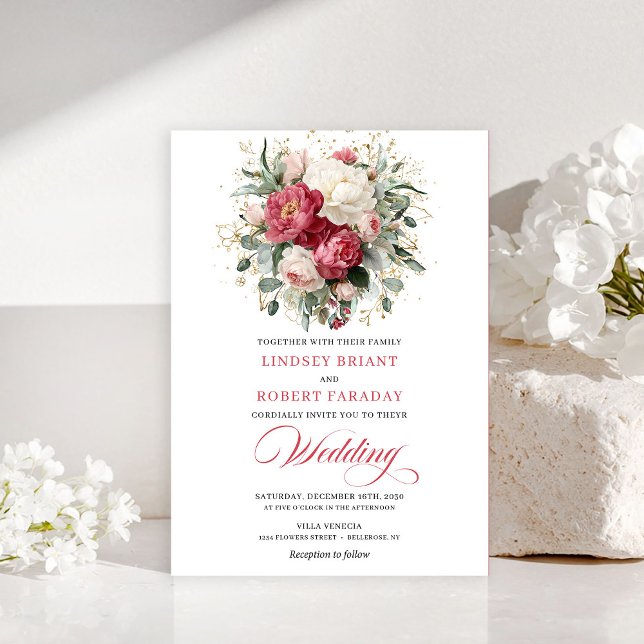Convite de Casamento Rosas Douradas Brancas Vermel (Pretty Bohemian Red White Gold Roses Wedding Invite

)