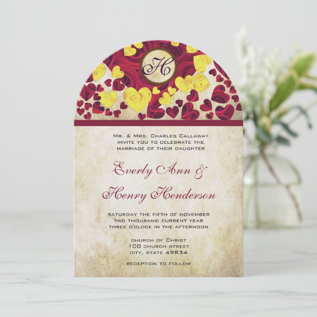 Convite de Casamento Rosas Douradas Coração Amarel (Em pé/Frente)