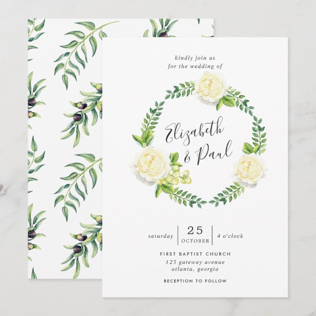Convite de Casamento Rosas e Oliveiras (Frente/Verso)