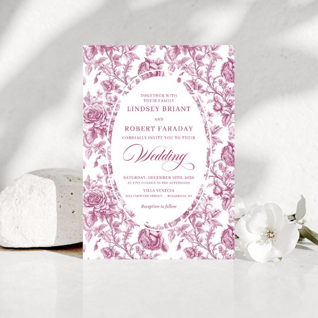 Convite de Casamento Rosas Toile Francês Clássico (Classic French Toile Roses Pink Wedding Invitation)