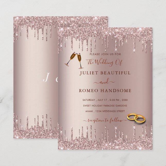 Convite de Casamento Rose Gold Blush Sparkle Drips (Frente/Verso)