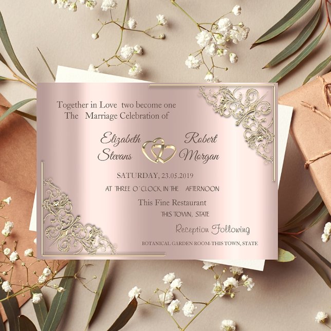Convite de Casamento Rose Gold Corações de Ouro El (Criador carregado)
