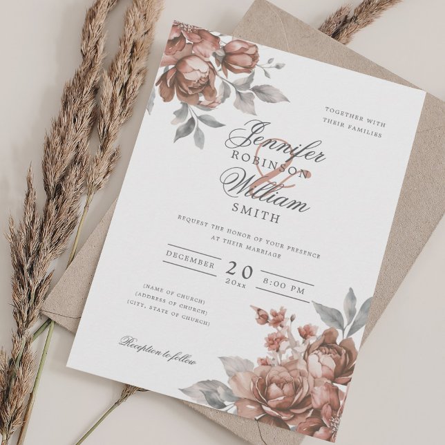 Convite de Casamento Rose Gold Floral Rústico Eleg (Elegant Script Wedding Rose Gold Rustic Floral Invitation)