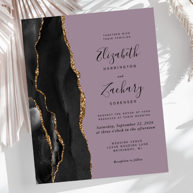 Convite de Casamento Roxo Ágata Dourado Preto Orça (Criador carregado)