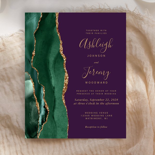 Convite de Casamento Roxo Ágata Esmeralda Verde Or (Criador carregado)