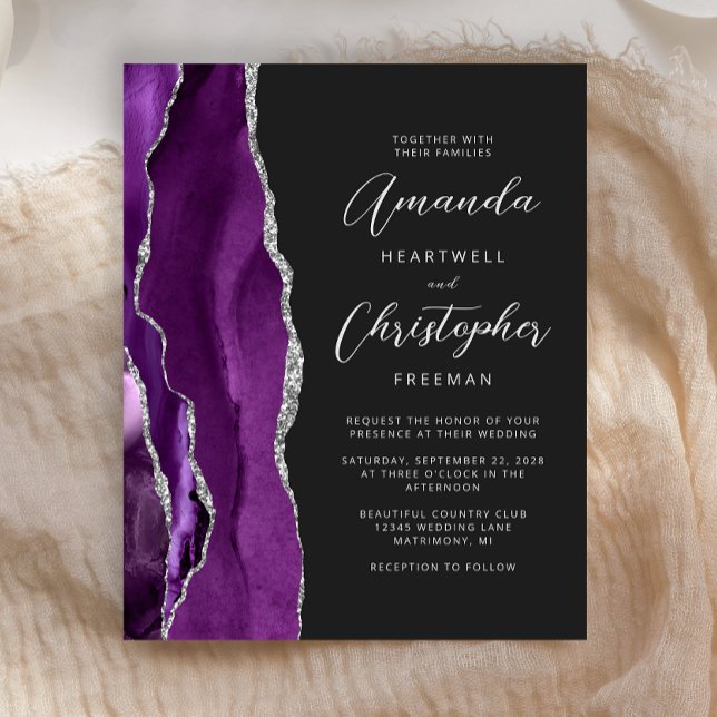 Convite de Casamento Roxo Ágata Prata Escuro Orçam (Criador carregado)