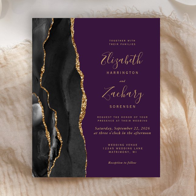 Convite de Casamento Roxo Ágata Preto Dourado Econ (Criador carregado)