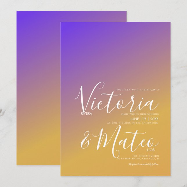 Convite de Casamento Roxo Amarelo Ombre (Frente/Verso)