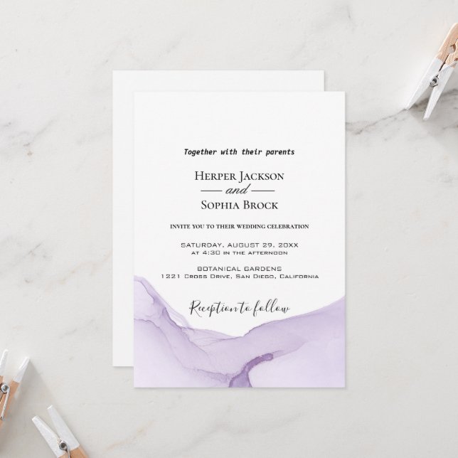 Convite de Casamento Roxo Aquarela Moderna (Frente/Verso In Situ)
