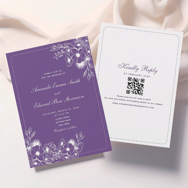 Convite de Casamento Roxo Clássico com Código QR (Criador carregado)