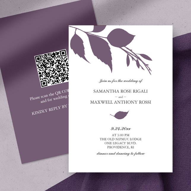 Convite de Casamento Roxo com Código QR (QR code wedding invitation botanical purple leaves minimalistic)