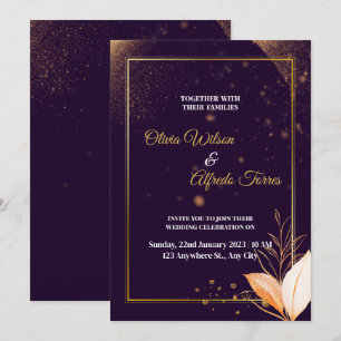 convite de casamento roxo com cores douradas