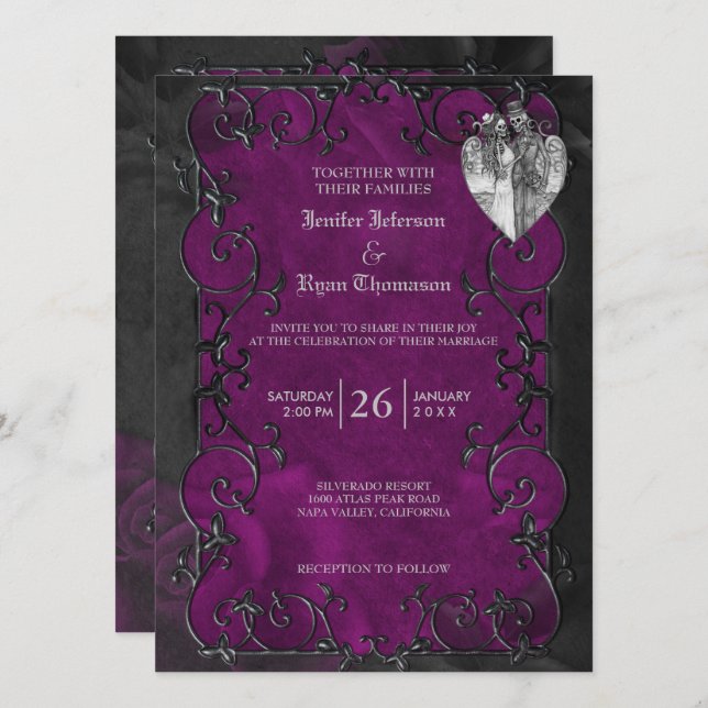 Convite de casamento roxo de halloween gótico eleg (Frente/Verso)