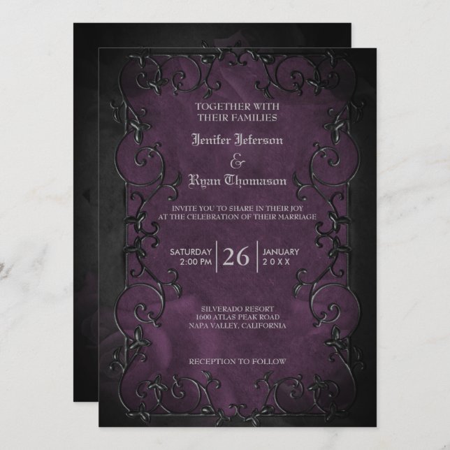 Convite de casamento roxo de halloween gótico eleg (Frente/Verso)
