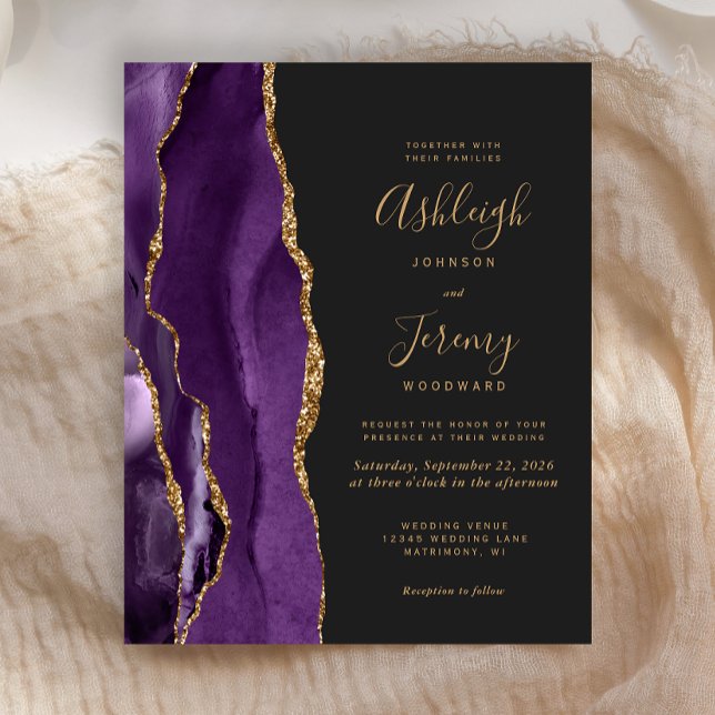 Convite de Casamento Roxo Dourado Ágata Escuro Orç (Criador carregado)