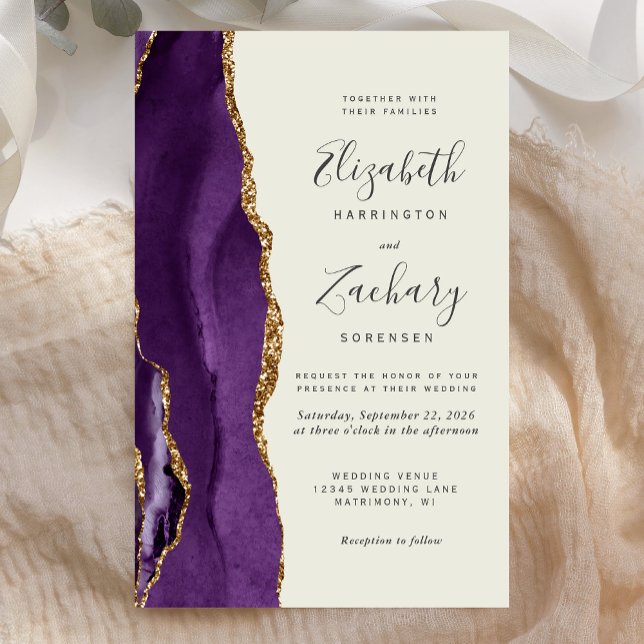Convite de Casamento Roxo Dourado Ágata Marfim Alt (Criador carregado)