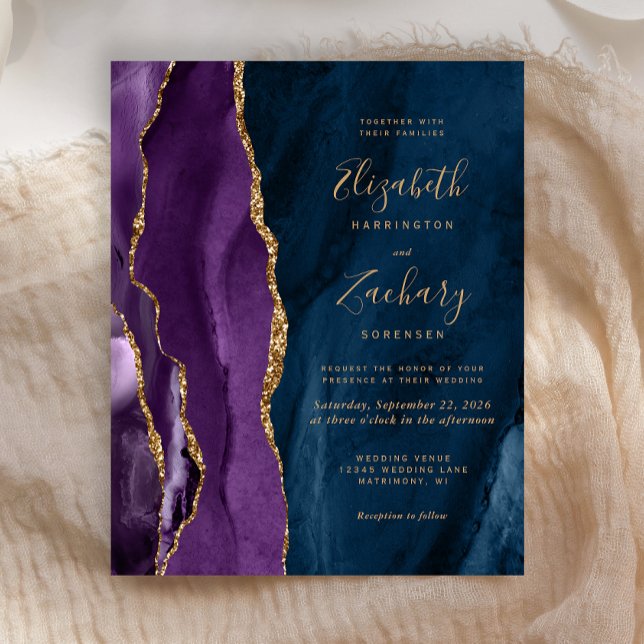 Convite de Casamento Roxo Dourado Azul Marinho Ága (Criador carregado)