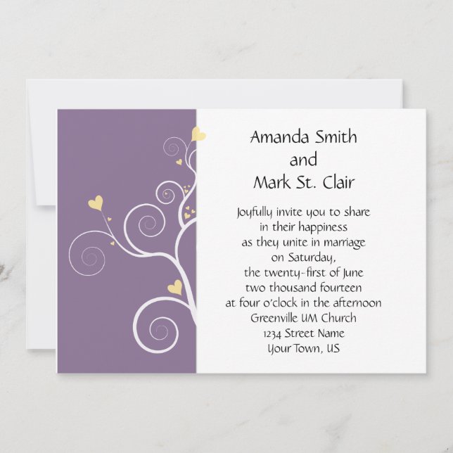 Convite de Casamento Roxo e Amarelo Modern Hearts (Frente)