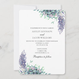Convite de casamento roxo e azul turquesa. Flores