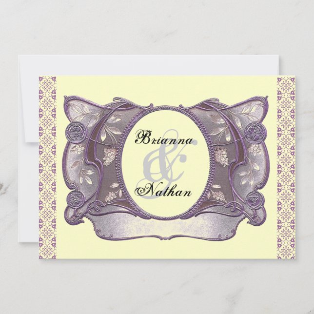 Convite de Casamento Roxo e Creme Ornamentado Anti (Frente)