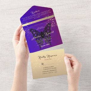 Convite de Casamento Roxo Elegante Tudo em Um