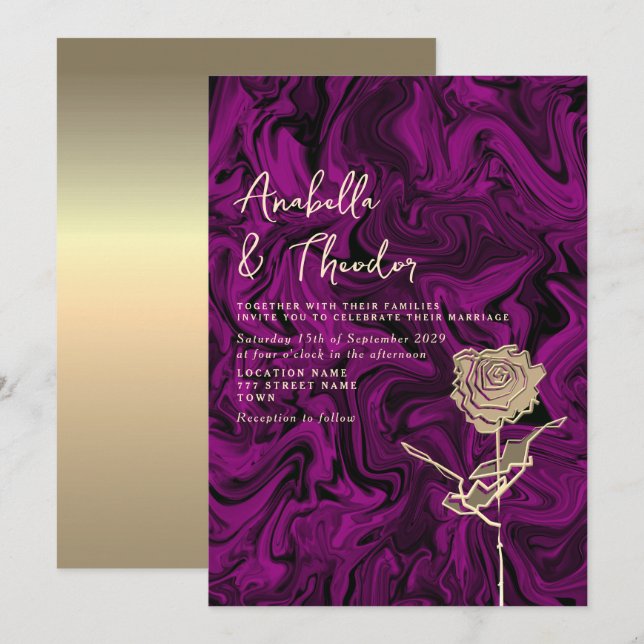 Convite de Casamento Roxo em Tom de Joia Dourado (Frente/Verso)