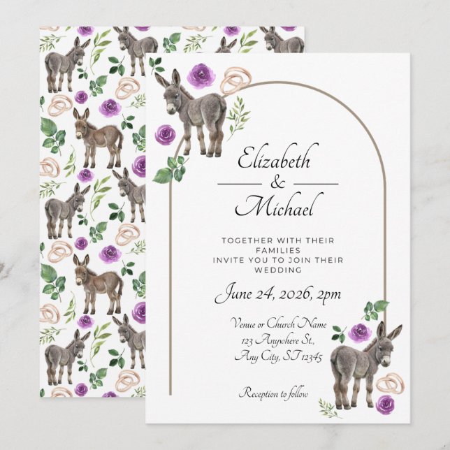Convite de Casamento Roxo Floral Burro Rústico (Frente/Verso)