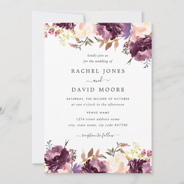 Convite de Casamento Roxo Floral em Aquarela (Frente)