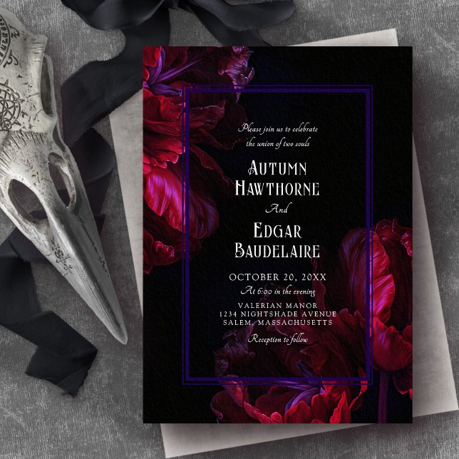 Convite de Casamento Roxo Floral Gótico Moody (Criador carregado)