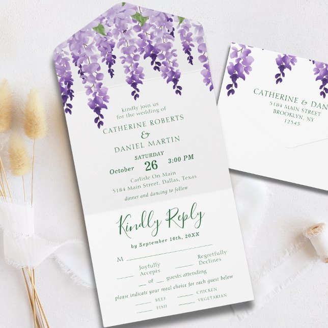 Convite de Casamento Roxo Lavanda Aquarela Wisteri (Criador carregado)