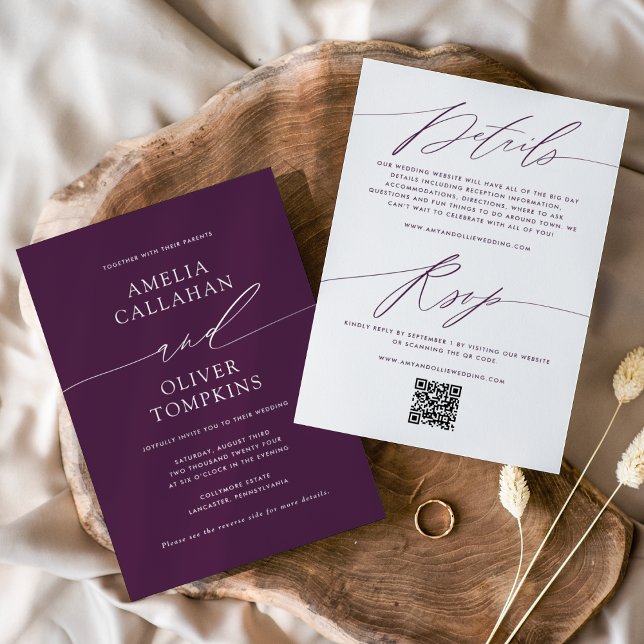 Convite de Casamento Roxo Minimalista Frente e Ver (Criador carregado)