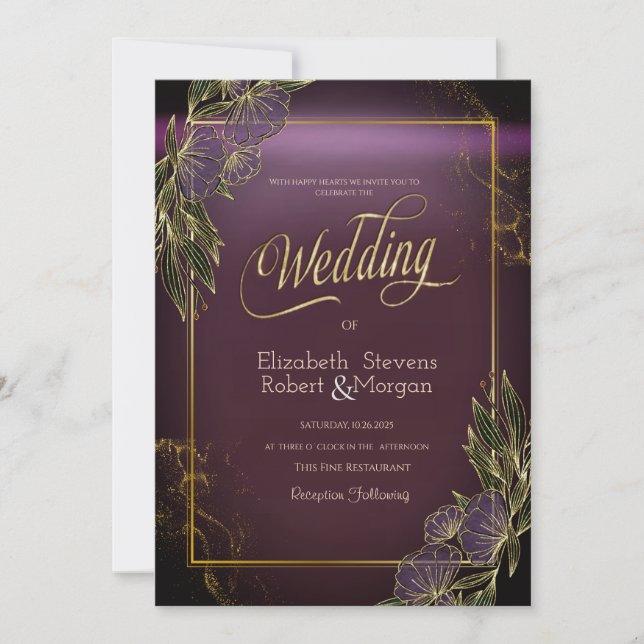 Convite de Casamento Roxo Moldura Flores Elegantes (Frente)
