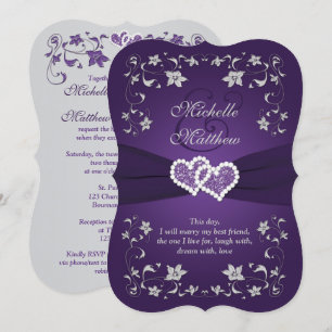 convite de casamento Roxo, Prata, Floral, Coraç