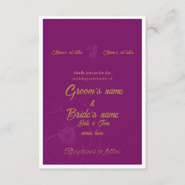 : Convite de Casamento Roxo Real e Dourado  (Frente)