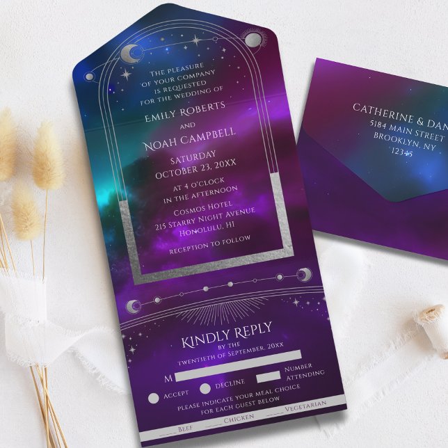 Convite de Casamento Roxo Turquesa Prateado Sol Lu (Criador carregado)