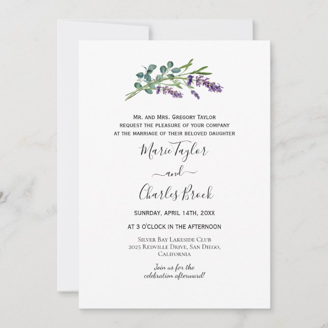 Convite de Casamento Roxo Verde Eucalipto (Frente)