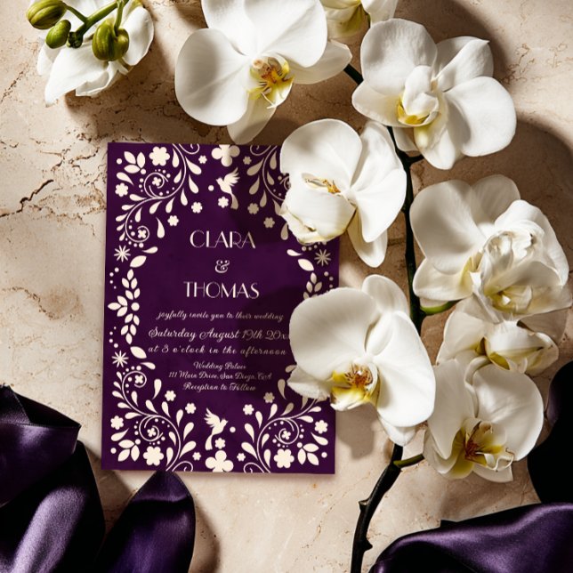 Convite de Casamento Roxo Vintage Mexicano (Criador carregado)