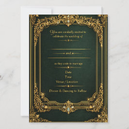 Convite de Casamento Royal Dourado Verde Esmeralda