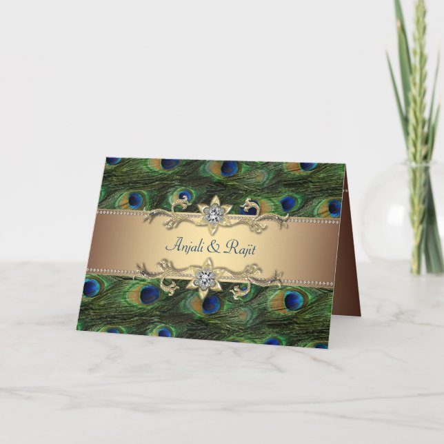 Convite de Casamento Royal Indian Peacock Verde Es (Frente)