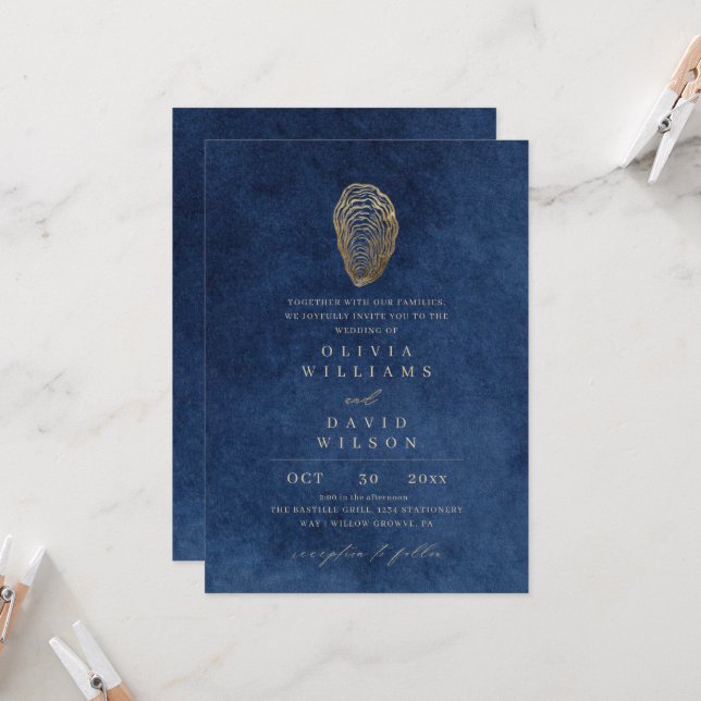 Convite de Casamento Royal Navy Azul Oceano Náutic (Frente/Verso In Situ)