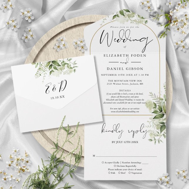 Convite de Casamento RSVP com Detalhes Florais de  (Gold Arch Greenery Floral Details RSVP Wedding All In One Invitation)
